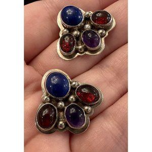 NAKAI NAVAJO 925 Sterling Silver Vintage Multi-Stone Earrings Amethyst Lapis